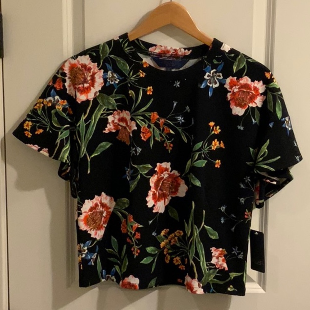 RACHEL Rachel Roy Cropped Black Floral Top